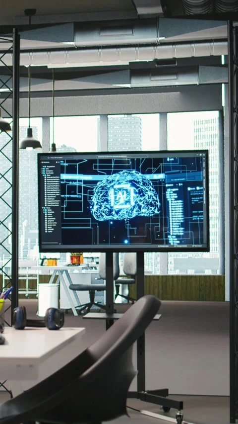 Vertical video PC in office used to design and implement algorithms enabling 库存影片 312709437