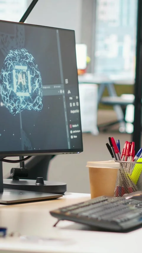 Vertical video PC in startup office used to design and implement deep learning 動画素材 312708628