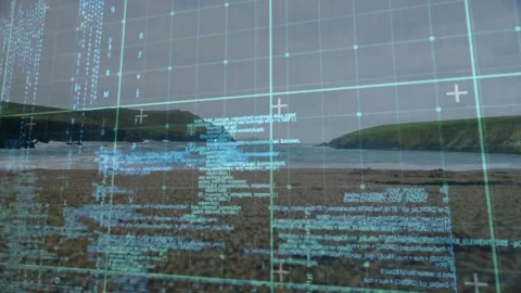 Vertical video: Pebbled cove HUD overlay starting, cyan grid streaming code and Stock Footage 333900560
