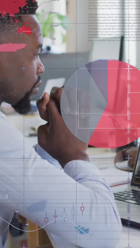 Vertical video: Peer tapping tablet starting man at desk viewing growing data Stock Footage 334599028