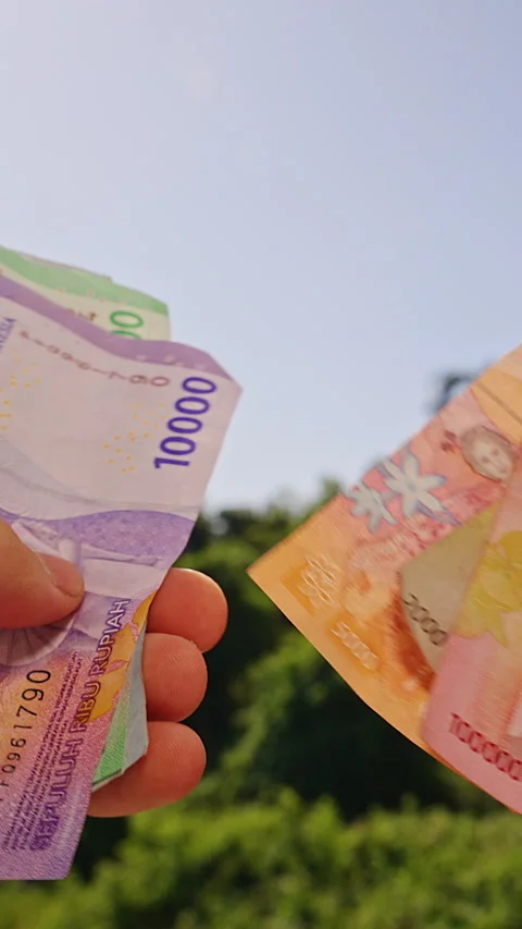 Vertical video. Person Sorting Indonesian Rupiah Banknotes by Value With Both Ha Video stock 339202220