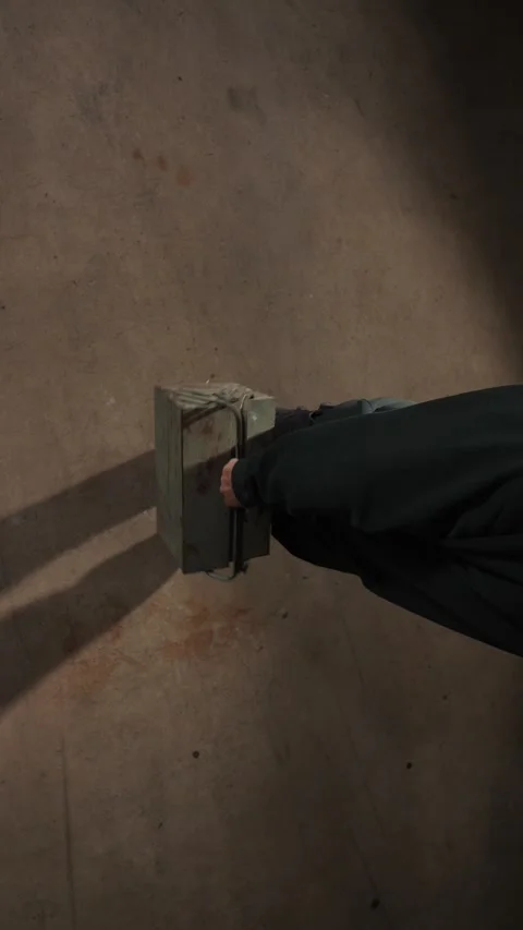 Vertical video person's arm holding a weathered green metal toolbox, walking on Stock Footage 342759608