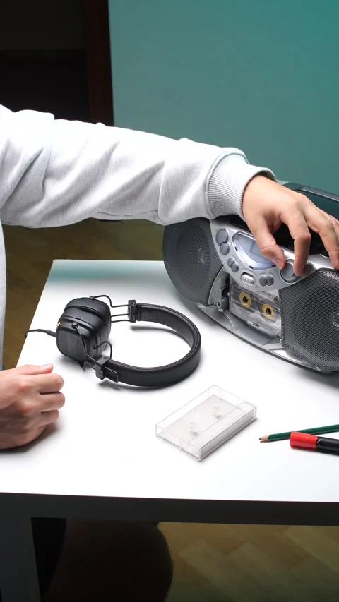 Vertical video person's hand adjusting the volume knob on a classic boombox Stock-Footage 345170367