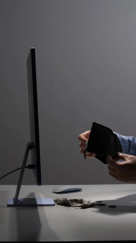 Vertical video person's hands closely examining an empty wallet. Finding only a Stock Footage 342671656