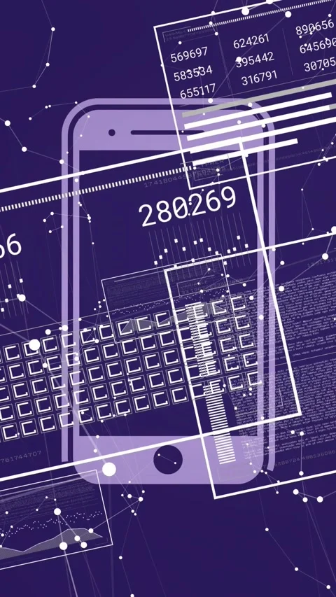 Vertical video: Phone appearing, starting grid and panels, numbers updating, Stock Footage 334382534