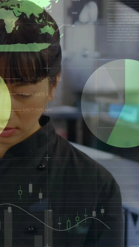 Vertical video: Phone flash starting overlays, chef reading % data, pie and line Video stock 331703155