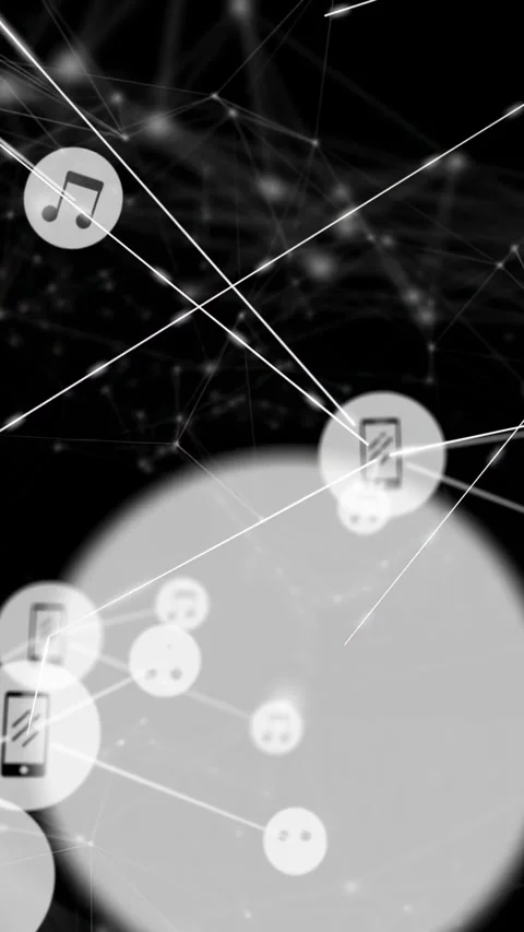 Vertical video: Phone node popping, sparking lines and music icons clustering to Stock Footage 340133261