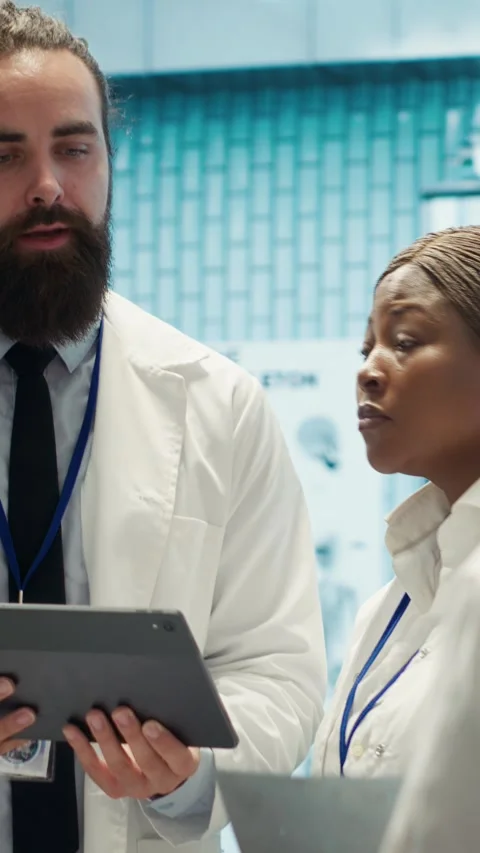 Vertical Video Physician and nurses reviewing medical charts and test results Stock Footage 282482902