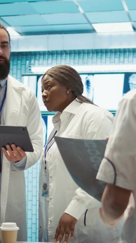 Vertical Video Physician and nurses reviewing medical charts and test results Stock Footage 282482993