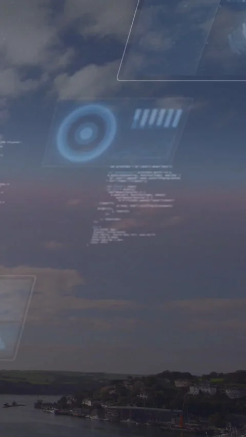 Vertical video: On ping, HUD rings and code appearing above shore, shifting and Stock Footage 333835956