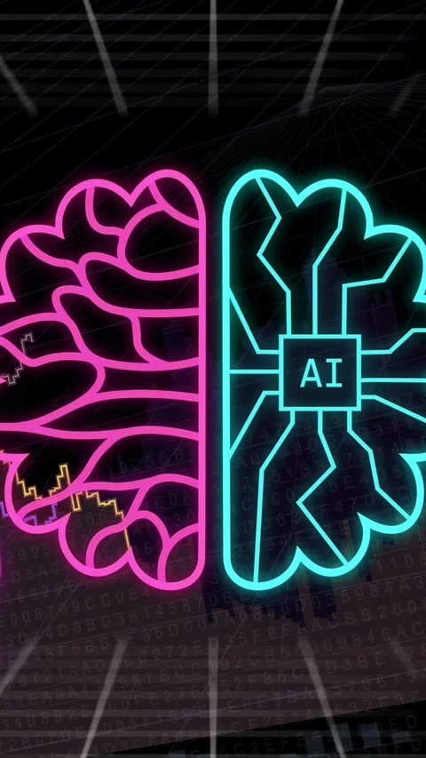 Vertical video: Pink line drawing left brain, cyan circuit forming right, Stock Footage 335355831