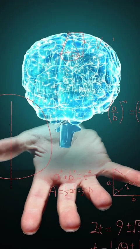 Vertical video: Pink stroke sparking palm holo brain hovering forming math Stock Footage 330542639