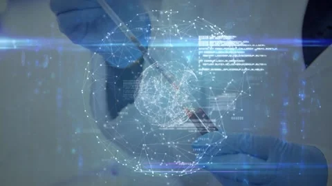 Vertical video: Pipette lowering, tech adding liquid on chip for test in lab, Stock Footage 330444351