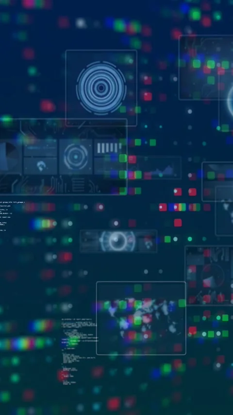 Vertical video: Pixel arrays causing HUD panels sliding, aligning, revealing Stock Footage 329703574