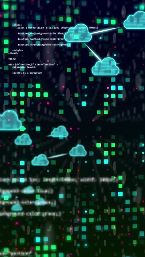 Vertical video: Pixel grid pulsing, clouds emerging and linking, code scrolling, Stock Footage 334377397