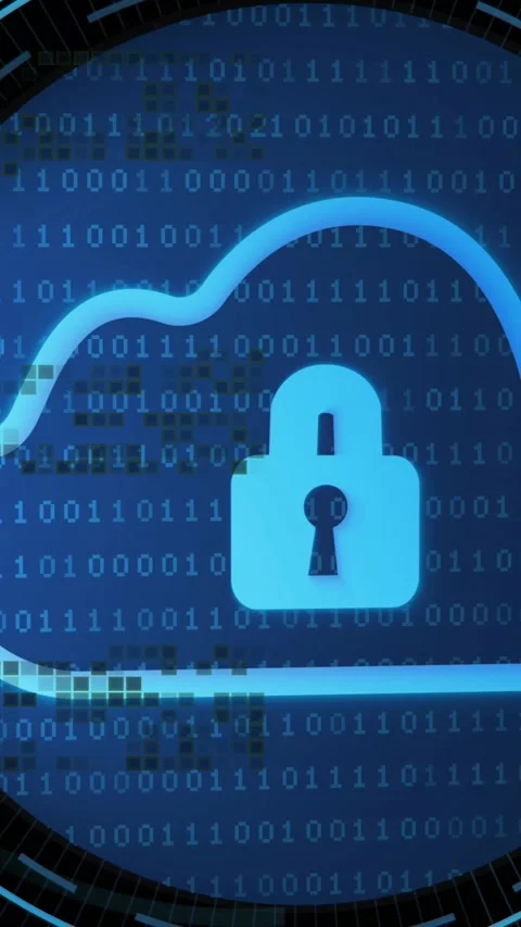 Vertical video: Pixel trail glowing blue-neon cloud padlock emerging rings Stock Footage 329703264