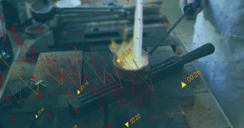 Vertical video: Placing crucible, gloved tech firing torch and stirring to melt Video stock 331161432