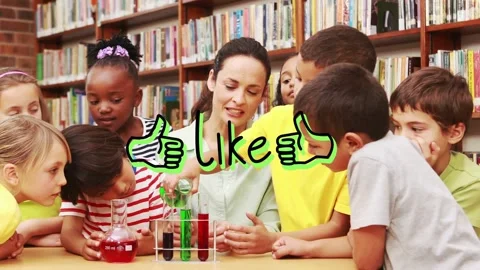 Vertical video: Placing rack, teacher guiding kids pouring green, red flasks at Stock Footage 332428295