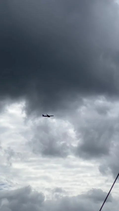 Vertical video of a plane flying against a dark overcast sky Stock Footage 308927567