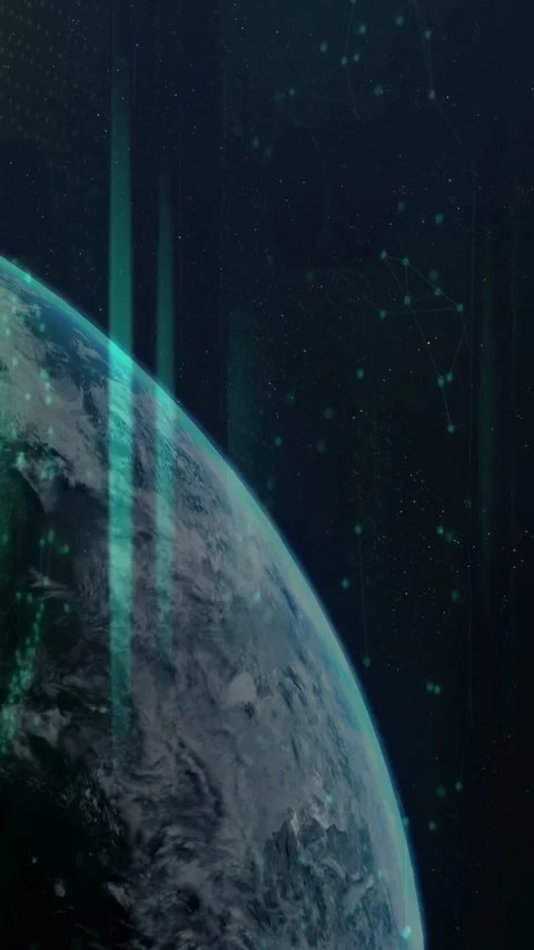 Vertical video: Planet rotating as camera panning in tech, pulsing teal beams Stock Footage 332806554