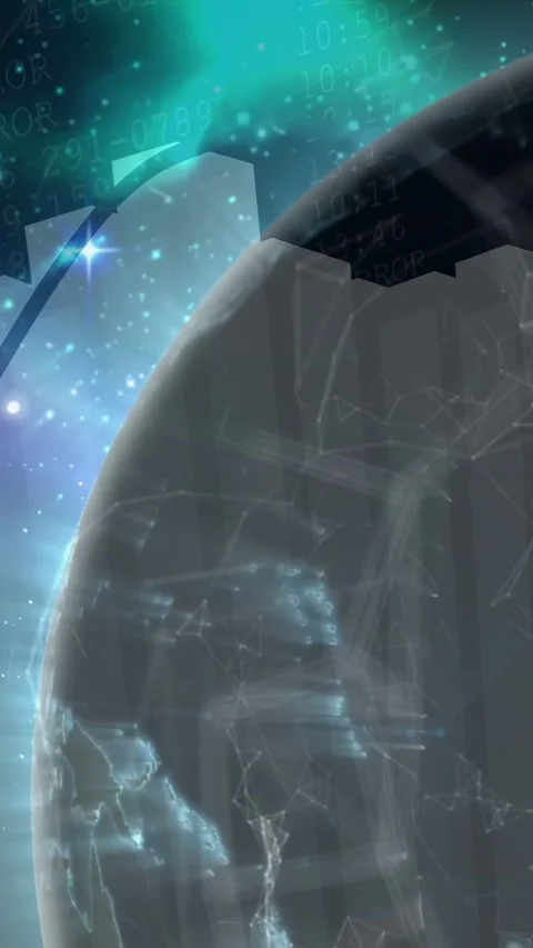 Vertical video: Planet rotating, panels aligning to flare revealing pulsing Stock Footage 332775599