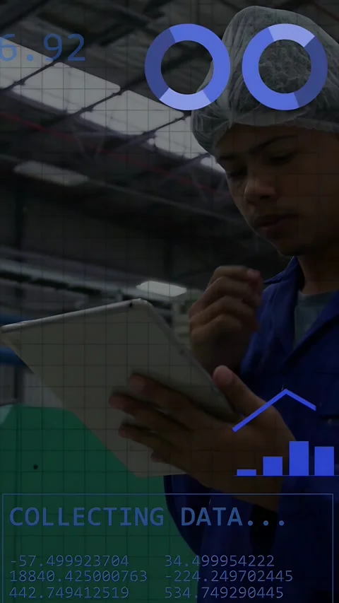 Vertical video: Plant man tapping tablet and seeing COLLECTING DATA overlays Stock Footage 335677991