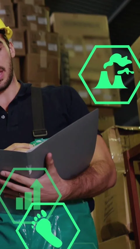 Vertical video: Plant tech holding folder while camera focusing, hex icons Stock Footage 333836213