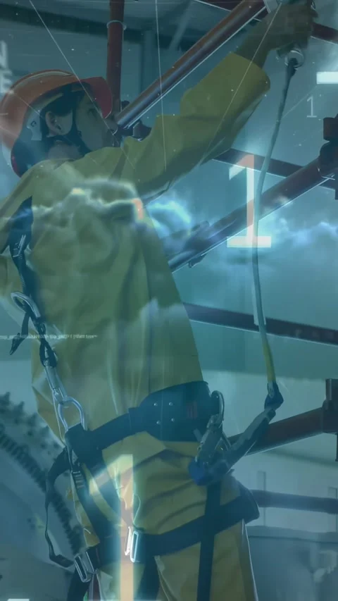 Vertical video: Plant worker clipping carabiner to scaffold per protocol, Stock Footage 332506795
