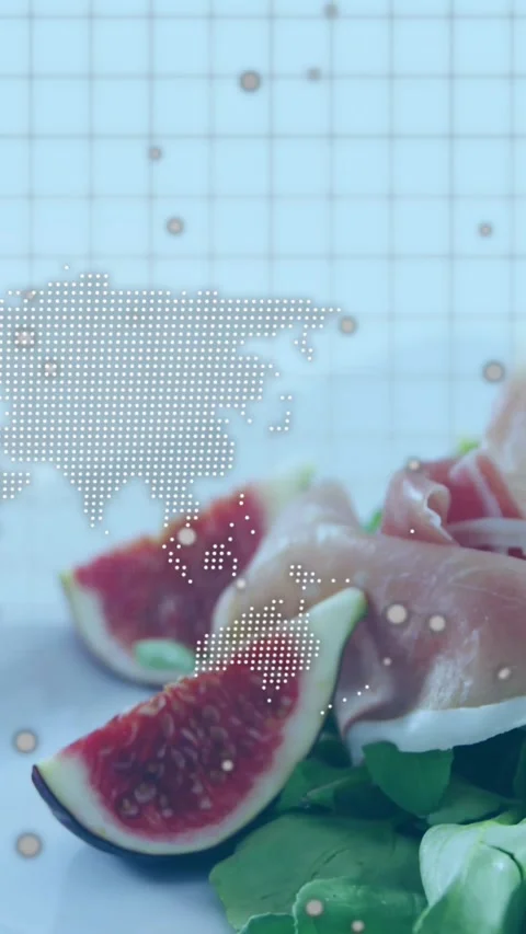 Vertical video: Plate of figs and cured meat entering after frame 4, map fading, Stock Footage 334544702