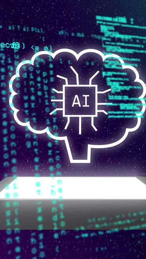 Vertical video: Platform activating, projecting AI brain hologram with chip, Stock Footage 335263854
