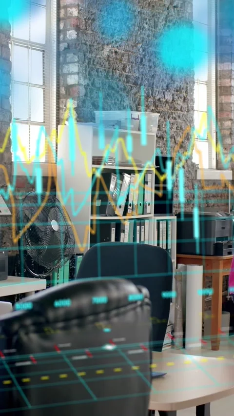 Vertical video: On play AR tech animating waves over desk, host shifting pose, Stock Footage 333820931
