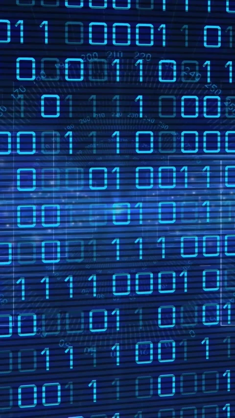 Vertical video: On play, binary matrix scrolling on blue screen, scanlines 스톡 동영상 332335555