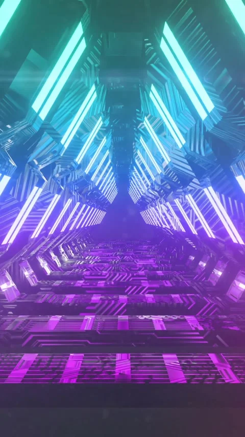 Vertical video: On play, camera advancing into triangular corridor, lights Stock Footage 348566606