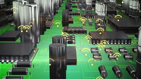 Vertical video: On play, camera moving along PCB while icons appearing and lines Stock Footage 332804776