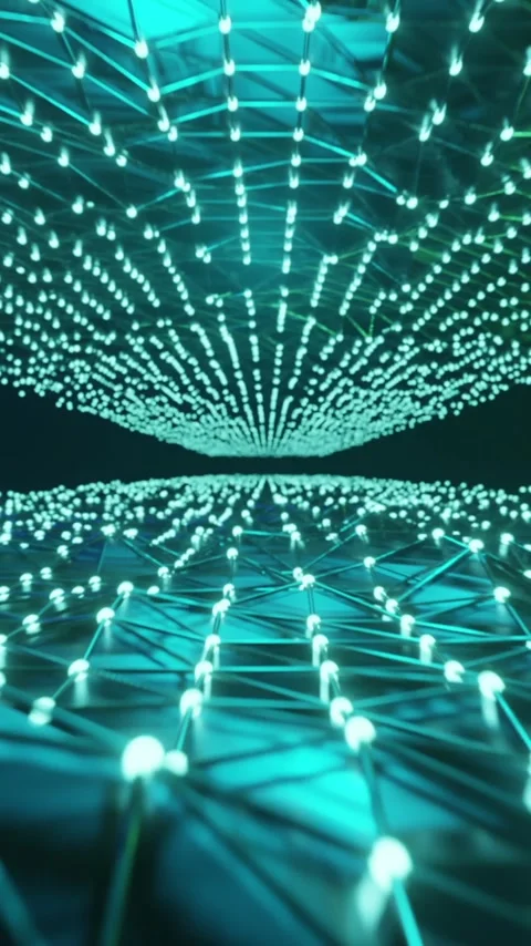 Vertical video: On play camera moving forward, teal nodes passing, reflections Stock Footage 348567973