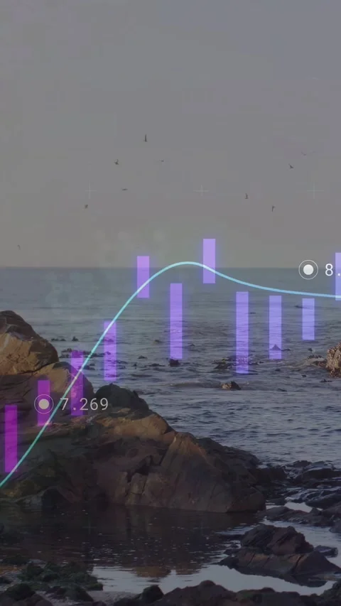 Vertical video: On play cyan curve and purple bars moving over sea, rising, Stock Footage 333556818