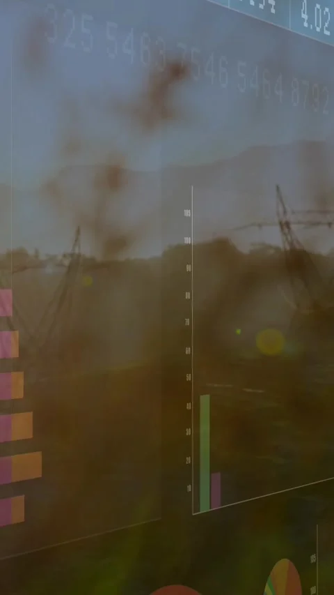 Vertical video: On play data overlay shifting bars and line, revealing landscape Stock Footage 329934017