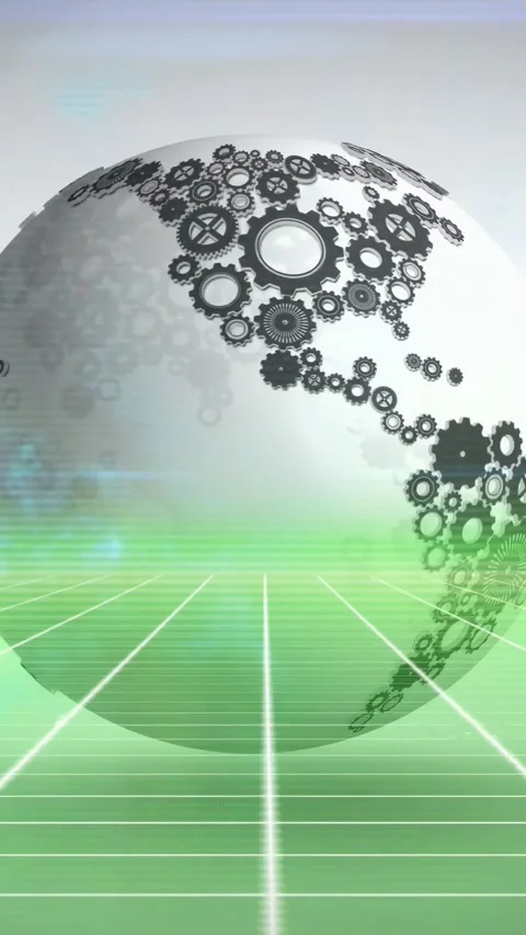 Vertical video: On play globe rotating, gear clusters shifting to center and Stock Footage 329703341