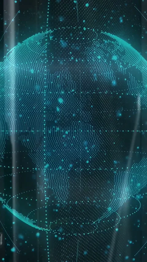 Vertical video: On play globe rotating, rings sweeping, particles pulsing to Stock Footage 332594837