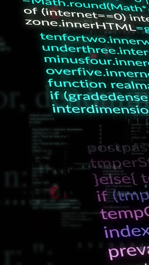 Vertical video: On play glowing code column scrolling, tilting and expanding to Stock Footage 332317697