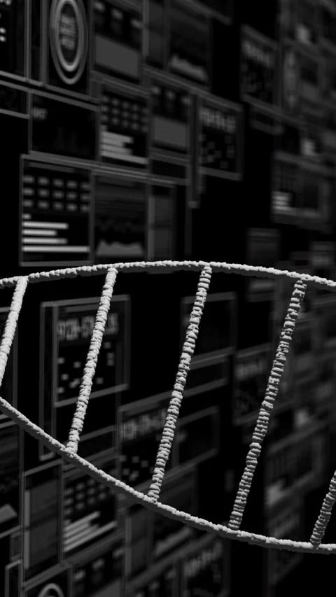Vertical video: On play, helix strand sliding across UI panels, showing rungs to Stock Footage 329840356