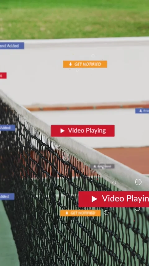 Vertical video: Play icon showing, starting UI tags stacking, ball passing past Stock Footage 333303676