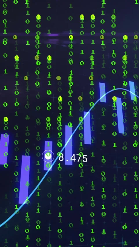 Vertical video: On play neon chart marker moving and bars shifting under binary Stock Footage 333319924