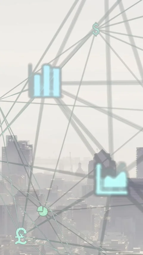 Vertical video: On play network moving over skyline, nodes shifting into charts Stock Footage 334128254