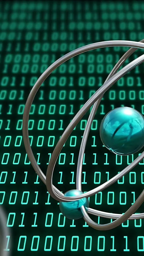 Vertical video: On play orbital rings rotating revealing teal orbs and aligning Stock Footage 335802744