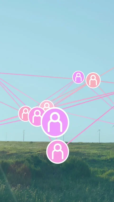 Vertical video: On play purple pink node network shifting over hill, centering Stock Footage 333020573