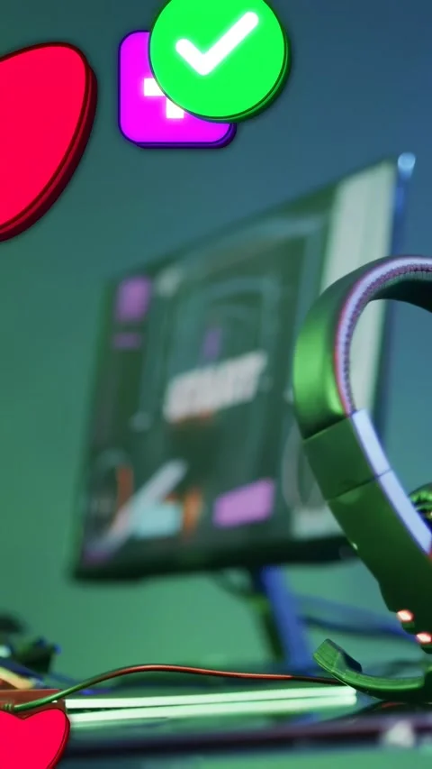 Vertical video: On play start UI icons appearing in order heart plus check chat Stock Footage 335507508