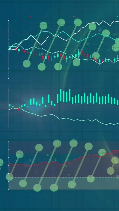 Vertical video: Play starting, chart animating candles, trends rising, dots Stock Footage 334836861