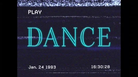 Vertical video: PLAY starting timecode, VHS noise jittering neon DANCE title, 스톡 동영상 331085361
