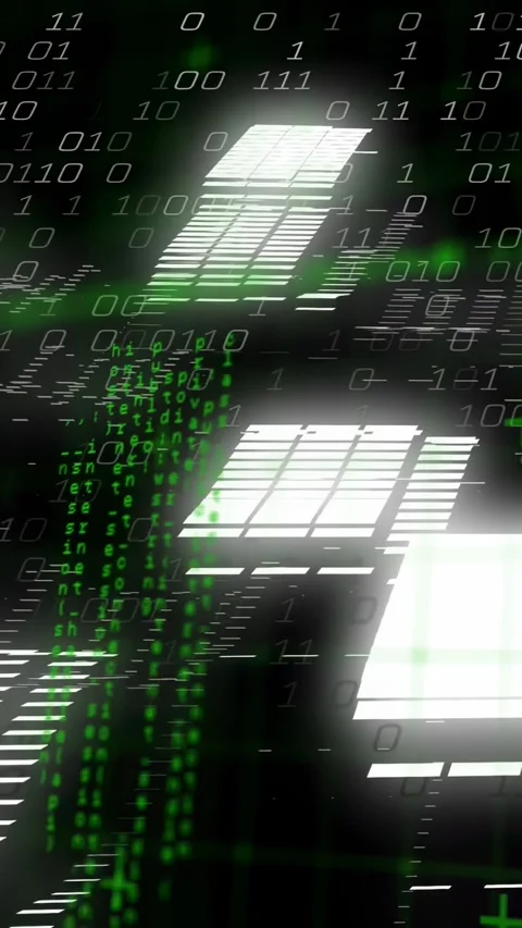 Vertical video: On play, window blocks sliding, code streams rising, grids Stock Footage 330542770